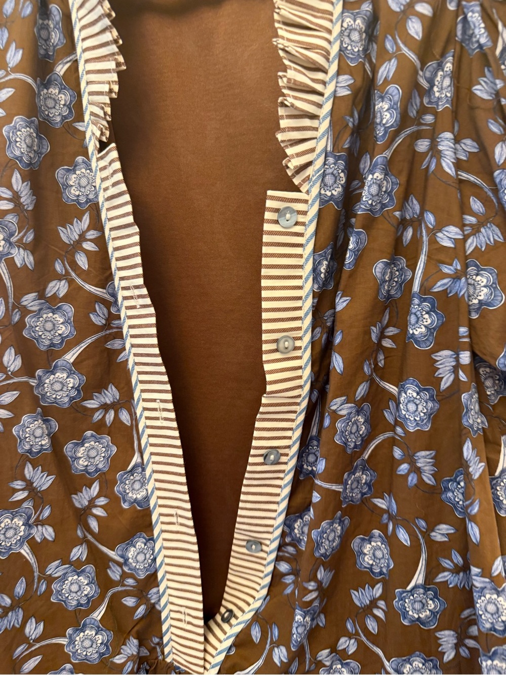 entro Brown Tunic with Blue Floral Print and Striped Trim - Picture 2 of 3